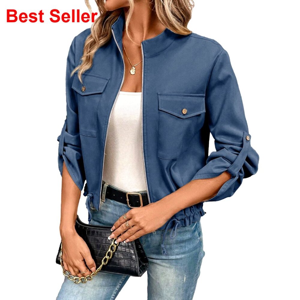 Lightweight Cropped Zip Jacket With Roll Tab Sleeves And Drawstring Hem